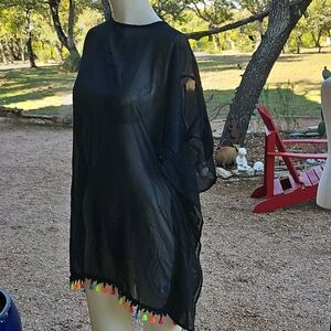 Junior's Miken Swim Scoop-Back Tassel-Trim Poncho Cover-Up Black See Thru Medium